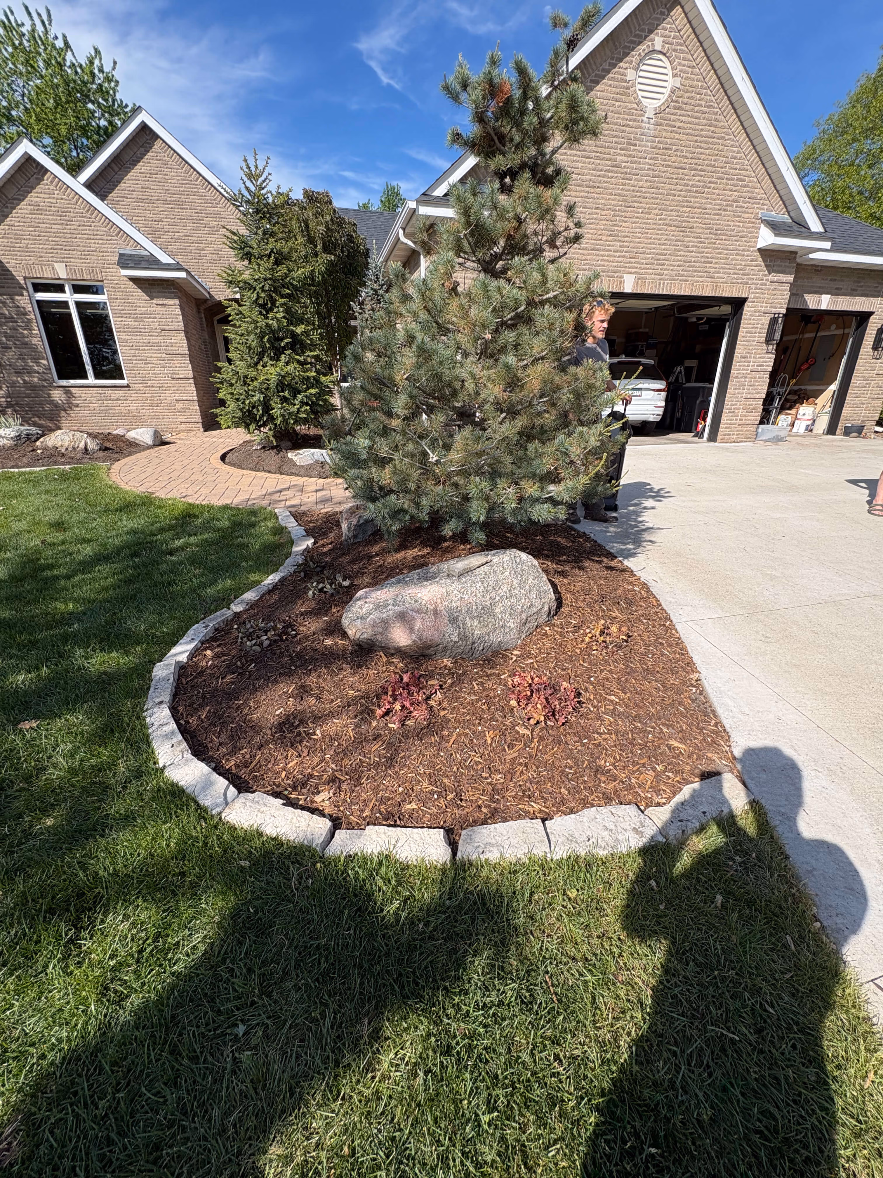 Front yard with brick house, paved walkway, landscaped bed with pine tree and rock, and open garage.